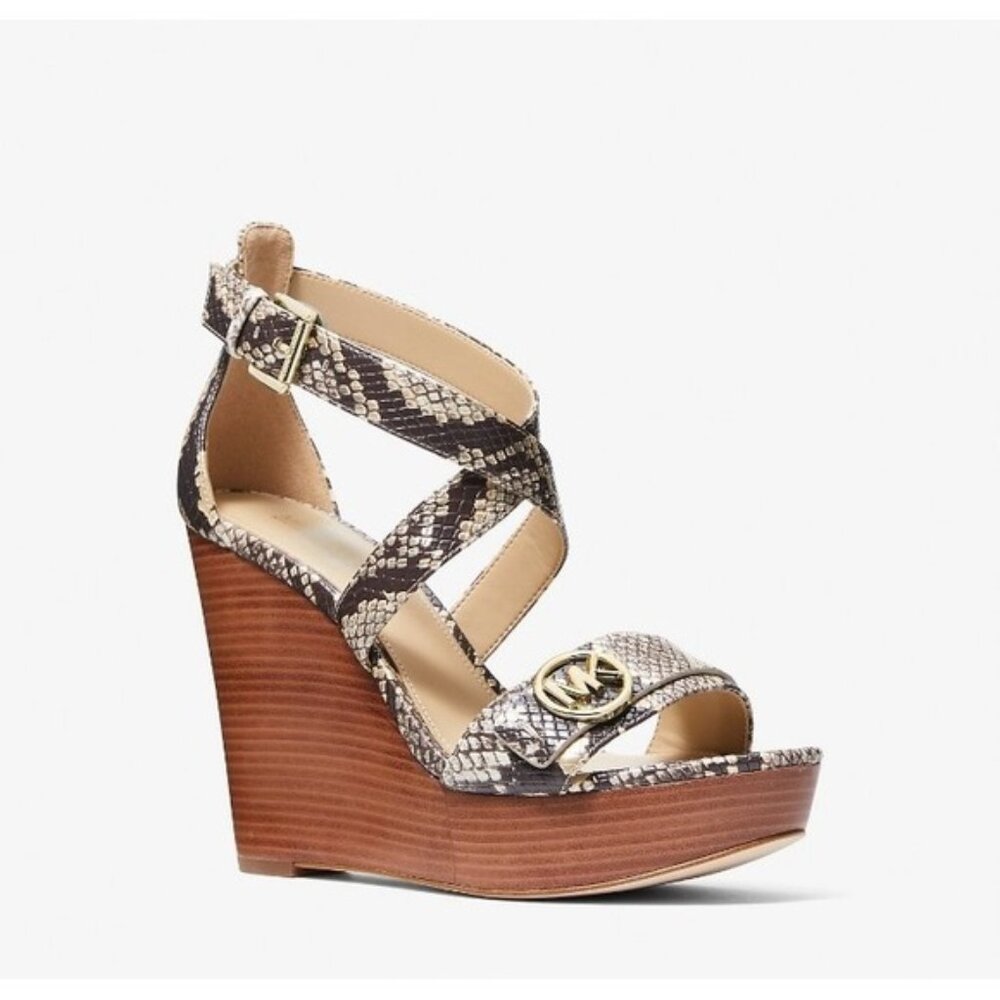 Michael Kors Carmen Logo Snake Embossed Wedge Sandal Size 7 Womens